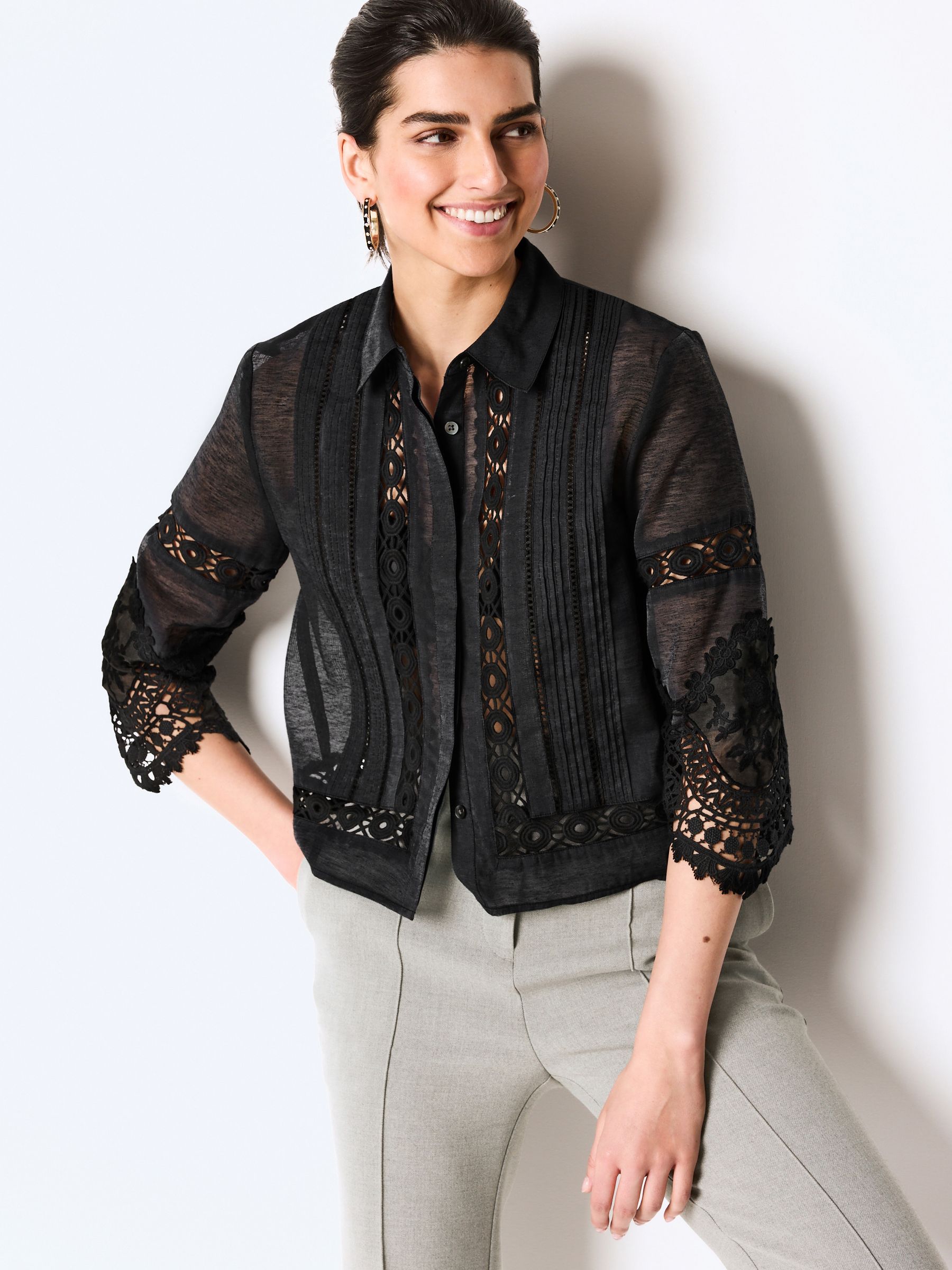 Buy Black Lace Insert 3/4 Sleeve Shirt from Next Luxembourg