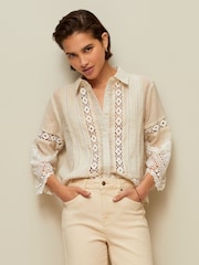 Natural Lace Insert 3/4 Sleeve Shirt - Image 1 of 7