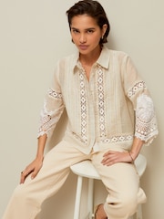 Natural Lace Insert 3/4 Sleeve Shirt - Image 4 of 7