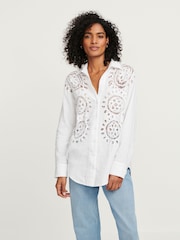 White Long Sleeve Crochet Insert Shirt - Image 1 of 7