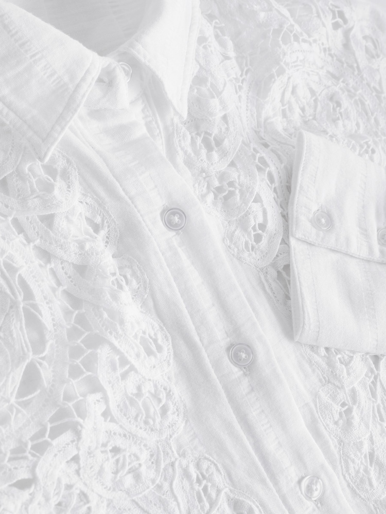 White Long Sleeve Crochet Insert Shirt - Image 2 of 7