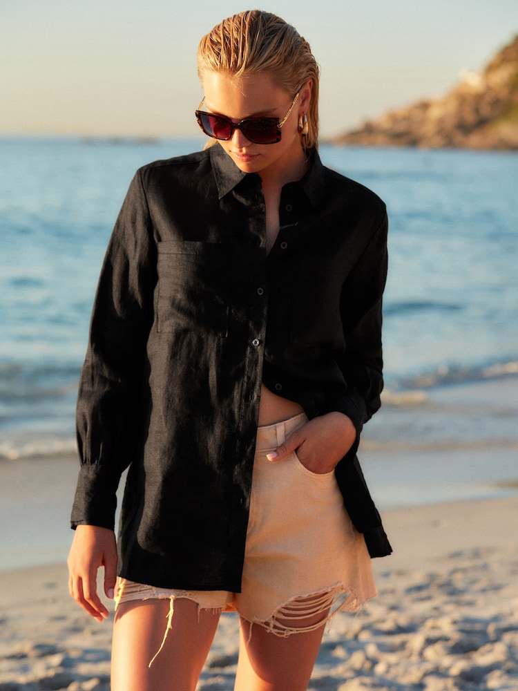 أسود - 100% Linen Long Sleeve Shirt - صورة 1 من 1