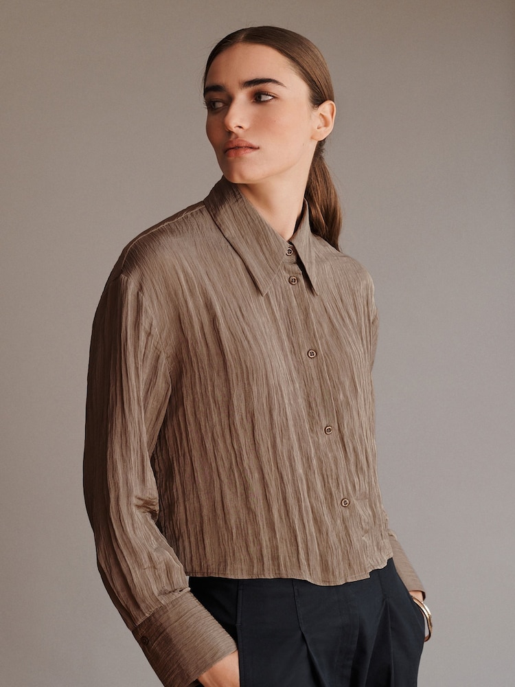 Khaki Green Powder Finish Cropped Shirt - Image 1 of 7 Khaki Green Powder Finish Cropped Shirt - Image 1 of 7
