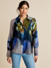 Blue Smudge Blur Print Button Through Shirt With Hardwear Buttons - Image 1 of 1