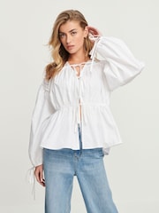 White Poplin Layered Tie Blouse - Image 1 of 6