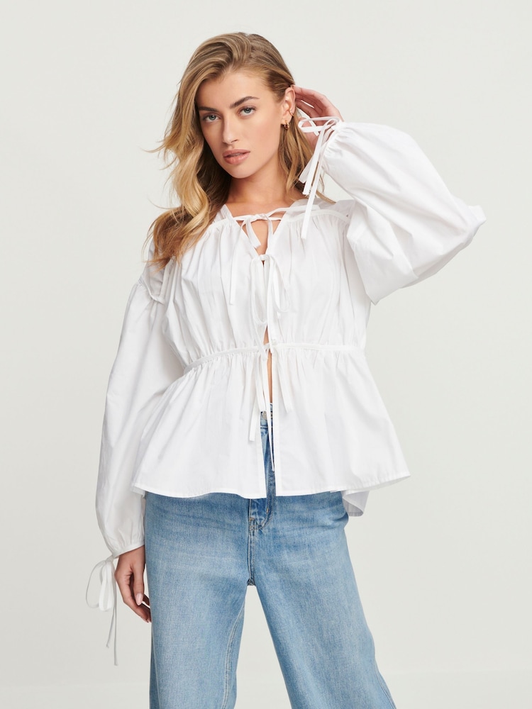 White Poplin Layered Tie Blouse - Image 1 of 6