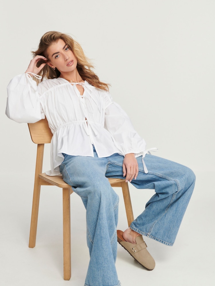 White Poplin Layered Tie Blouse - Image 2 of 6