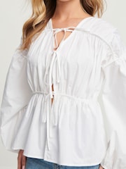 White Poplin Layered Tie Blouse - Image 4 of 6