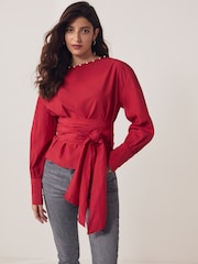 Red Long Sleeve Wrap Pearl Detail Shirt - Image 1 of 7