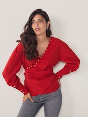 Red Long Sleeve Wrap Pearl Detail Shirt - Image 2 of 7