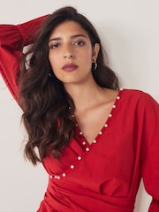 Red Long Sleeve Wrap Pearl Detail Shirt - Image 4 of 7