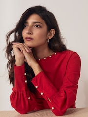 Red Long Sleeve Wrap Pearl Detail Shirt - Image 5 of 7