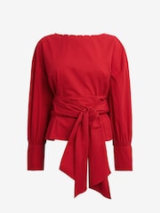Red Long Sleeve Wrap Pearl Detail Shirt - Image 6 of 7