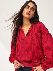 Red Tie Neck Floral Blouse - Image 1 of 7