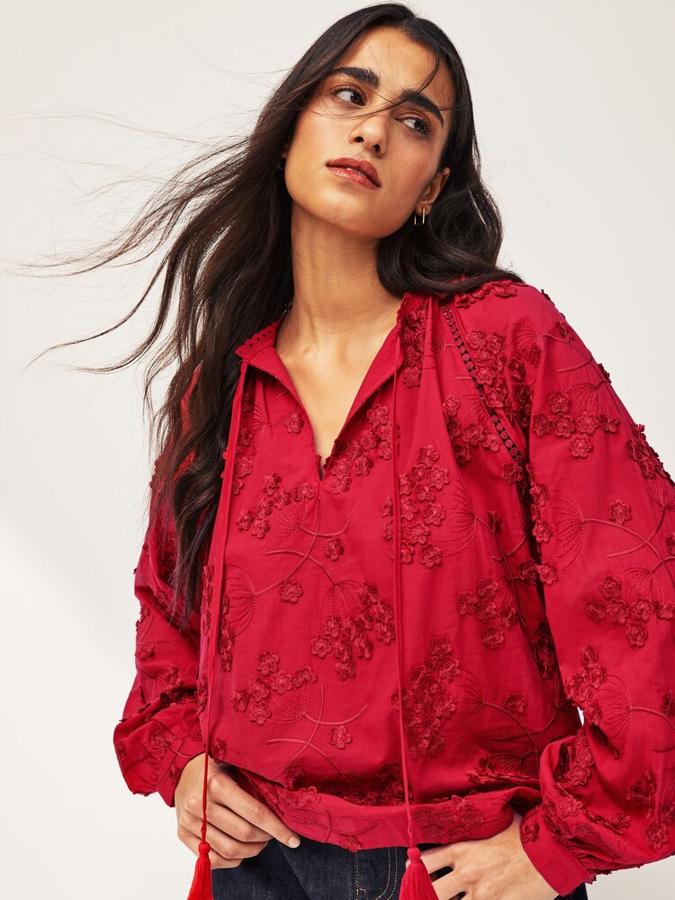 Red Tie Neck Floral Blouse - Image 1 of 7