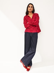Red Tie Neck Floral Blouse - Image 2 of 7