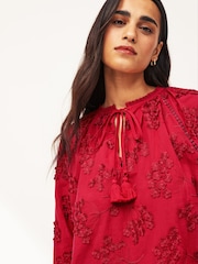 Red Tie Neck Floral Blouse - Image 4 of 7