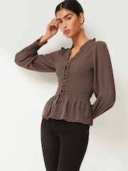 Brown Shirred Body V-Neck Long Sleeve Blouse - Image 1 of 7