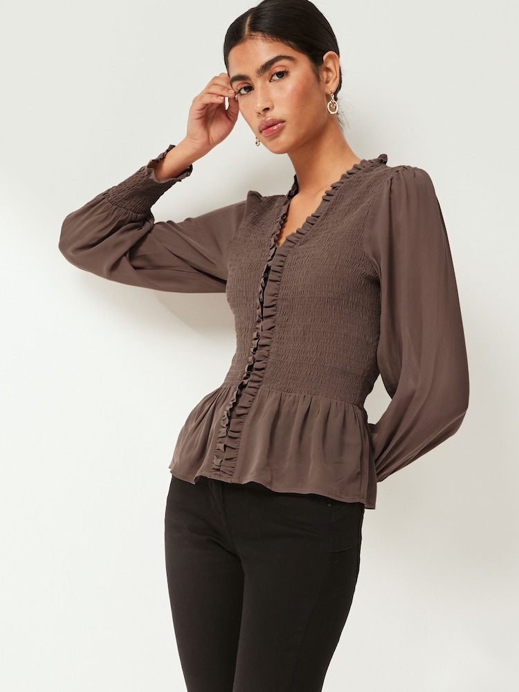 Brown Shirred Body V-Neck Long Sleeve Blouse - Image 1 of 7