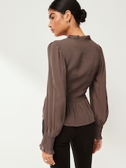 Brown Shirred Body V-Neck Long Sleeve Blouse - Image 2 of 7