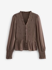 Brown Shirred Body V-Neck Long Sleeve Blouse - Image 6 of 7