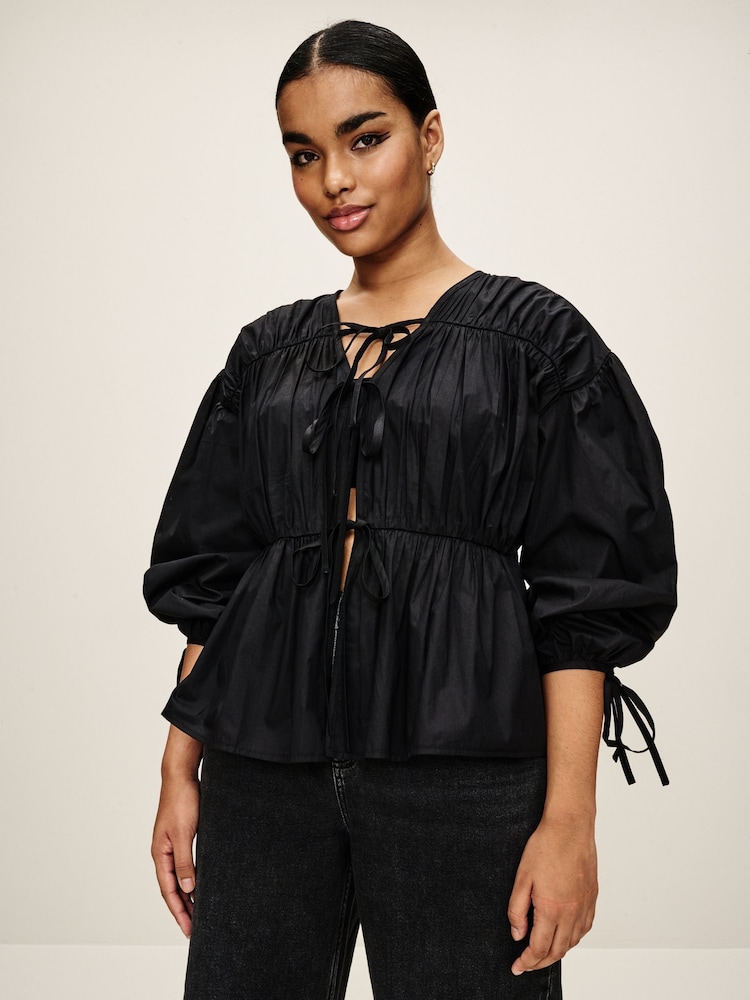 Black Poplin Layered Tie Blouse - Image 1 of 6
