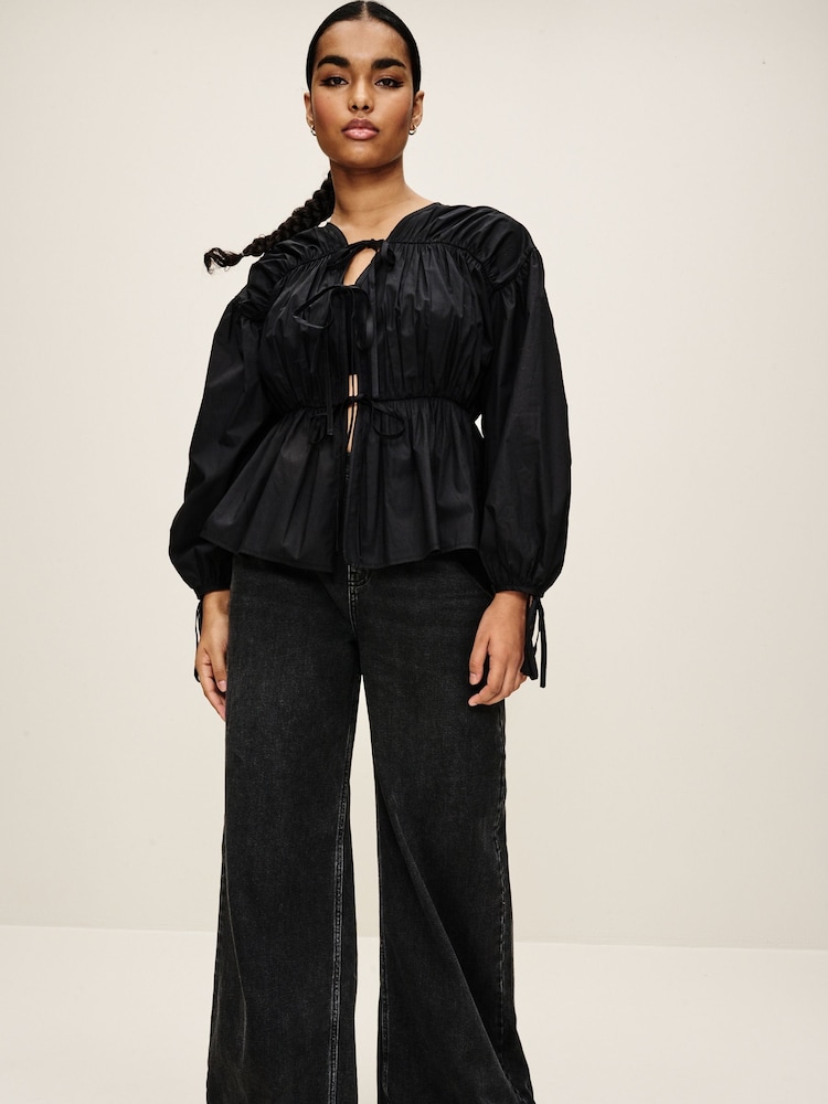 Black Poplin Layered Tie Blouse - Image 2 of 6