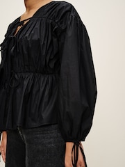 Black Poplin Layered Tie Blouse - Image 4 of 6