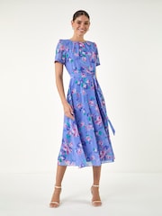 Roman Blue Mini Floral Pleat Neck Dress - Image 1 of 4