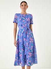 Roman Blue Mini Floral Pleat Neck Dress - Image 2 of 4