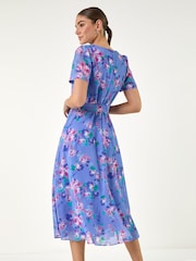 Roman Blue Mini Floral Pleat Neck Dress - Image 3 of 4