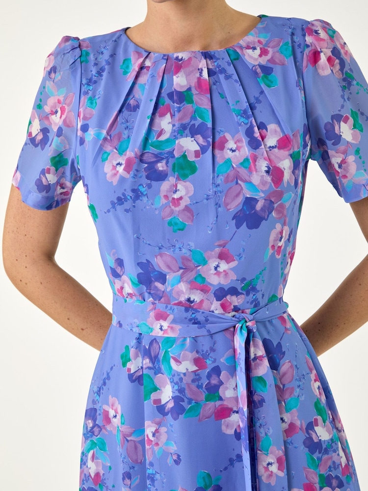 Roman Blue Mini Floral Pleat Neck Dress - Image 4 of 4 Roman Blue Mini Floral Pleat Neck Dress - Image 4 of 4