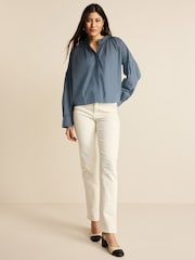 Dark Blue Long Sleeve Cotton Poplin Blouse - Image 4 of 6