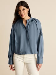 Dark Blue Long Sleeve Cotton Poplin Blouse - Image 5 of 6