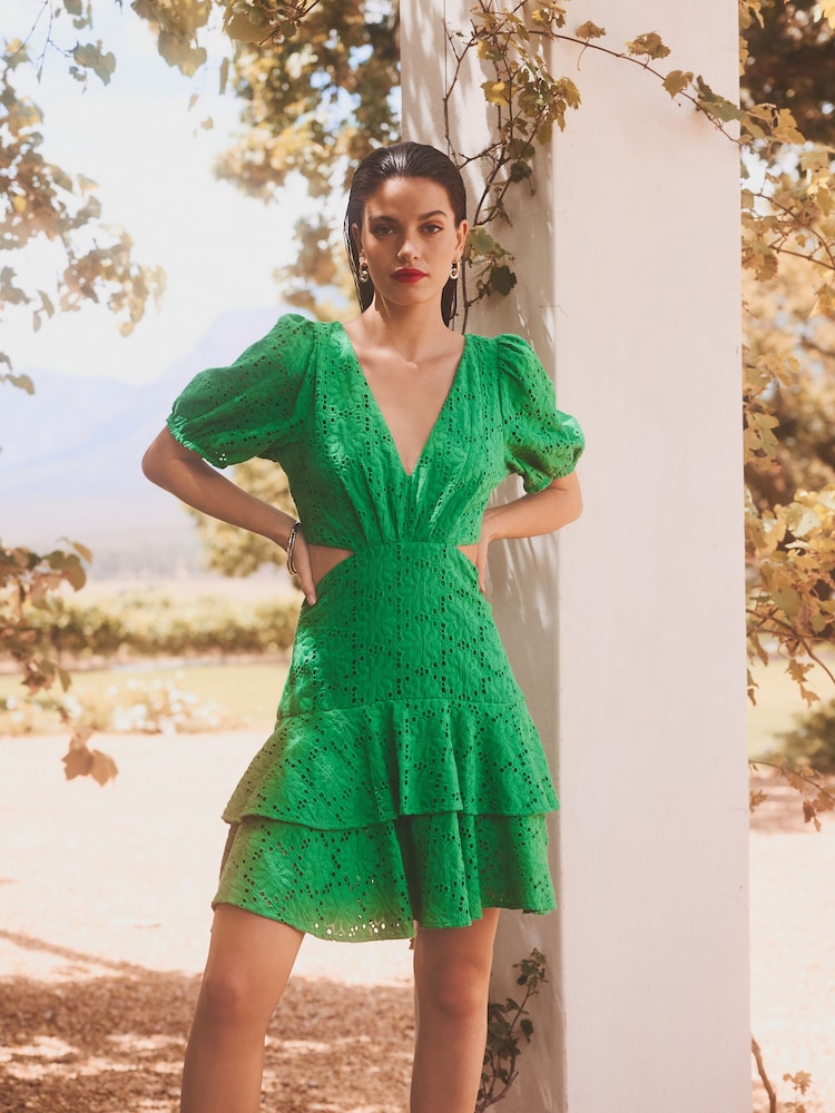 Green Crochet Volume Short Sleeve Cut-Out Mini Dress - Image 1 of 6