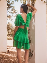 Green Crochet Volume Short Sleeve Cut-Out Mini Dress - Image 2 of 6