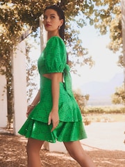 Green Crochet Volume Short Sleeve Cut-Out Mini Dress - Image 3 of 6