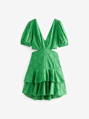 Green Crochet Volume Short Sleeve Cut-Out Mini Dress - Image 5 of 6