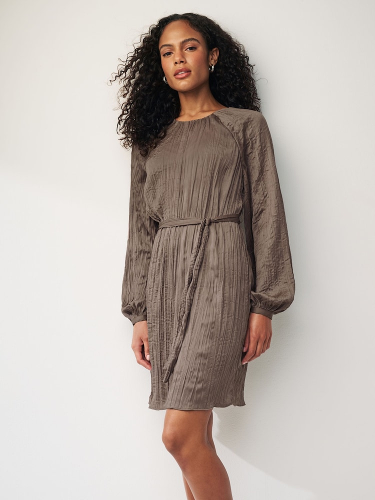 Brown Long Sleeve Crinkle Satin Mini Dress - Image 1 of 6 Brown Long Sleeve Crinkle Satin Mini Dress - Image 1 of 6