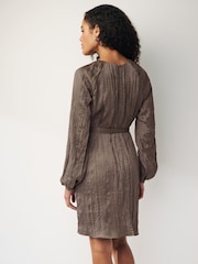 Brown Long Sleeve Crinkle Satin Mini Dress - Image 2 of 6