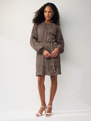 Brown Long Sleeve Crinkle Satin Mini Dress - Image 3 of 6