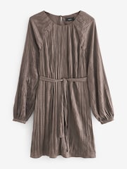 Brown Long Sleeve Crinkle Satin Mini Dress - Image 5 of 6