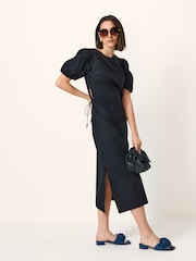 Black Ruched Side Puff Sleeve Midi Dress - Image 1 of 6