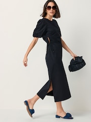 Black Ruched Side Puff Sleeve Midi Dress - Image 2 of 6