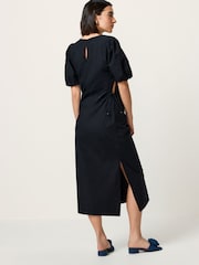 Black Ruched Side Puff Sleeve Midi Dress - Image 3 of 6