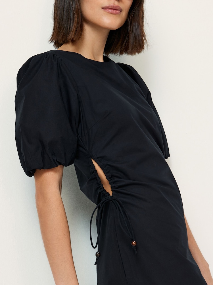 Czarny - Ruched Side Puff Sleeve Midi Dress - Image 4 of 6