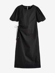 Black Ruched Side Puff Sleeve Midi Dress - Image 5 of 6