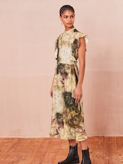 Neutral Tie Dye Flutter Sleeve High Neck Midi Dress - Image 1 of 6