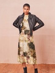 Neutral Tie Dye Flutter Sleeve High Neck Midi Dress - Image 2 of 6