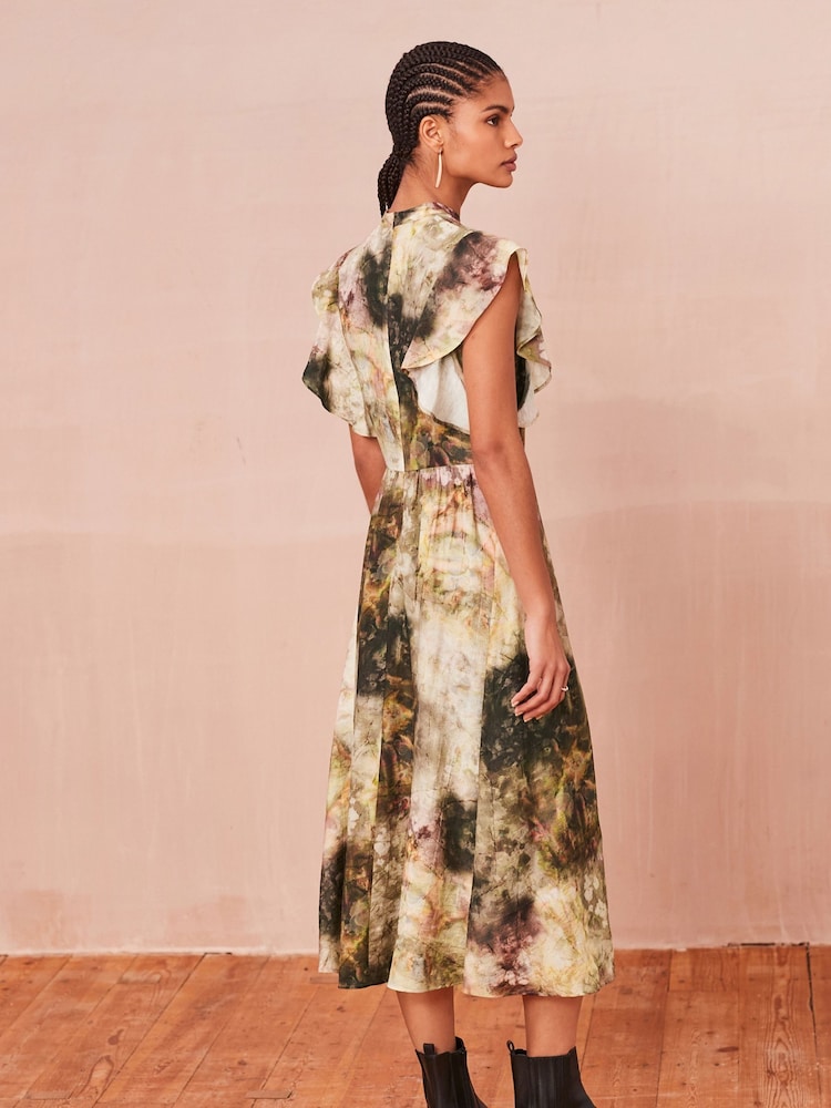 Neutral Tie Dye Flutter Sleeve High Neck Midi Dress - Image 2 of 6